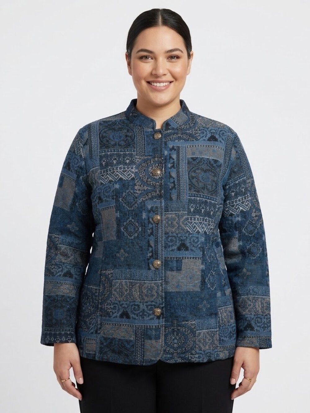 Vintage Tudor Court Tapestry Patchwork Jacket Size XX Blue Gold Medallion